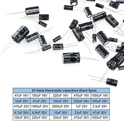 DollaTek 25 Стойности на 16 25 50 В от 1 uf до 2200 icf Електролитни кондензатори с Различен асортимент Комплект Черно - 125 бр.