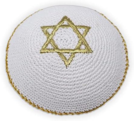Вязаная шапчица ръчно изработени Ateret Judaica, размер 16 см, бял и златен цвят с бродерия в формата на Звезда