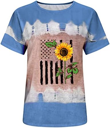 Цветни Патриотични Блузи с Флорални Принтом Семки за Жени, Блузи за почивка с Кръгло Деколте и Къс Ръкав, Дамски