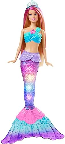 Кукла Барби Dreamtopia, играчка-Русалка с Активируемым вода Светящимся Опашка коса с Розови Жилки и 4 Цветни
