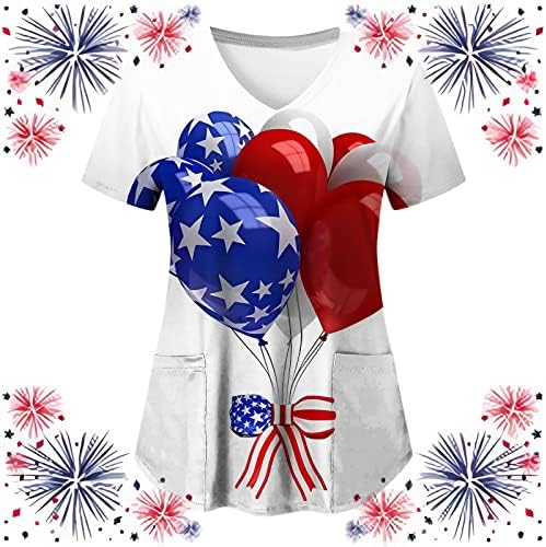 Ризи 4 Юли за Жени с Флага на САЩ, Летни Тениски с V-образно деколте и Къс Ръкав, 2 Джоба, Блузи, Празнична