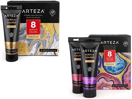 Комплект Акрилни бои ARTEZA Металик от 8 и Комплект Акрилни бои Металик от 8 Скъпоценни Тонове, за да проверите
