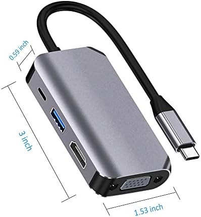USB Адаптер C-HDMI VGA порт за зареждане USB3.0 / USB-C PD, Многопортовый адаптер Feovino 4 в 1 Type C Хъб (алуминиев