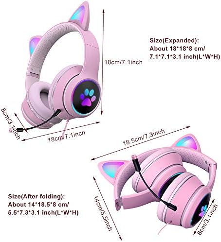 Слушалки LVOERTUIG с кошачьими уши, Сгъваема и растягивающаяся Безжична детска Bluetooth слушалки led RGB, Жичен