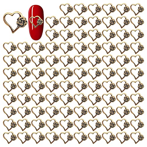 WOKOTO 100 бр. Висулки във формата на Старото златно Сърце За нокти с изображение на Рози във формата на сърце,