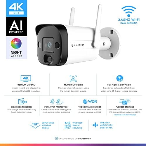 Градинска WiFi камера Amcrest 4MP UltraHD камера Bullet AI, IP камера за сигурност с едностранно звук, 65-футовое