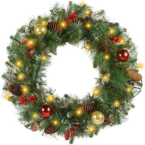 Коледен Венец Sancodee 16 Инча с подсветка, 40 Светодиоди, Предварително Текущ Венец от Червени Плодове, Борови