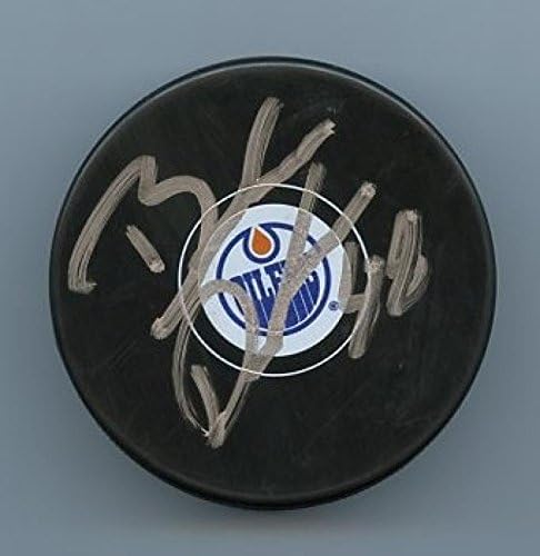 Хокейна шайба, с автограф Брандън Дейвидсън Едмънтън Ойлърс и шайби НХЛ с автограф Coa