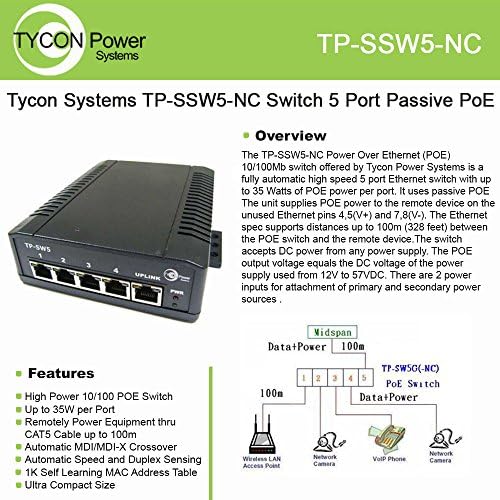 Tycon Systems Inc TP-SSW5-NC 12-56 В 5-портов пасивен switch Poe