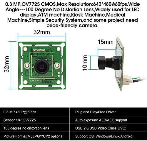 Модул USB-камера 0.3 MP камера с висока честота на кадрите 1/4 CMOS OV7725 Сензор със 100-градусным M7 обектив, поддръжка 640X480 @ 60 кадъра в секунда, съвместим с UVC, поддържа повечет?