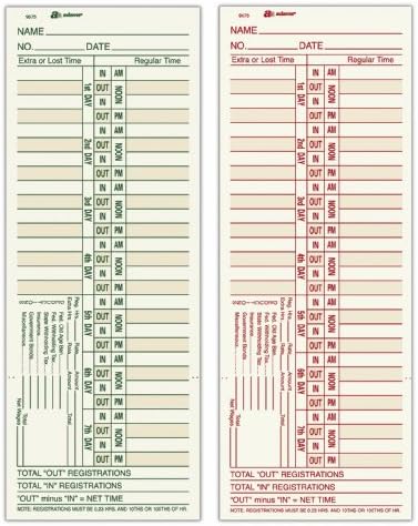 Карта Adams Time Cards, Веднъж на две седмици, Двустранен, Формат за извънреден труд, 3-3 / 8 x 9, Манильские, Зелено-червено печат, брой страници 200 (9675-200)