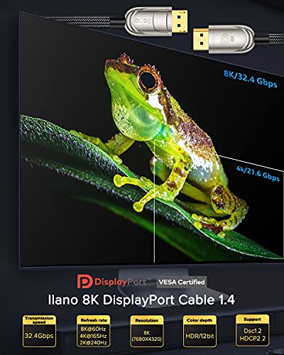 Кабел 8K DisplayPort 1.4 10 метра, кабел llano DP 1.4 с шут 32,4 gbps с висока честота на опресняване от 240