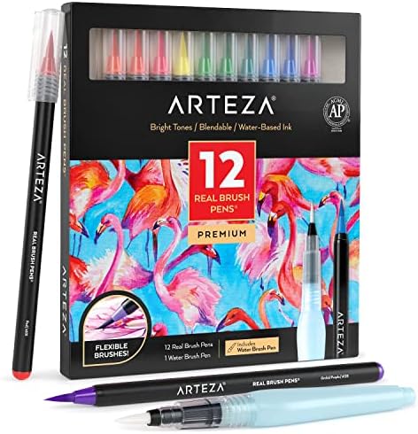 Дръжки ARTEZA Real Четка, Комплект от 12 Ярки Цветове, Растушевывающиеся Акварелни Маркери и 1 Водна четка,